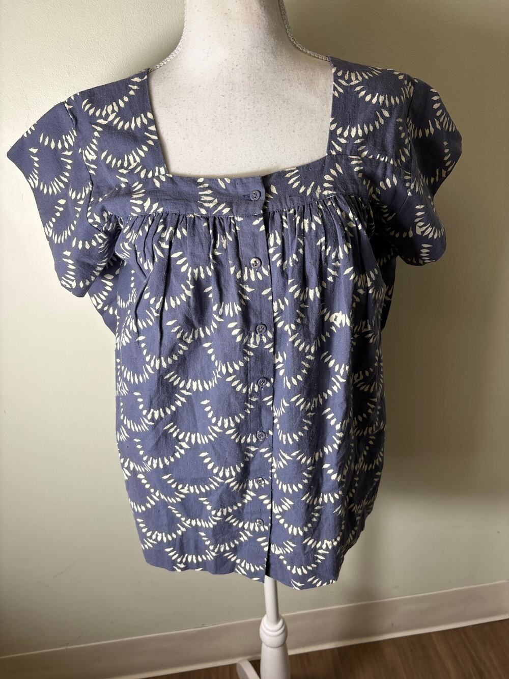 Mirth Blue and White Block Print Cotton Top Sz XS